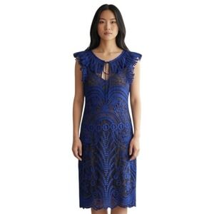 Baraschi Royal Blue Lace Sheath Dress Knee Length Ruffle Neck Sleeveless Size 10